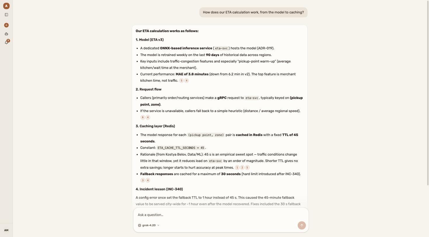 Chat answer built from internal company documents with citation links back to the source records